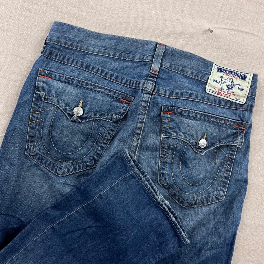 True Religion Boot Cut Jeans Mens 36 Blue Medium Wash Distressed Made in USA